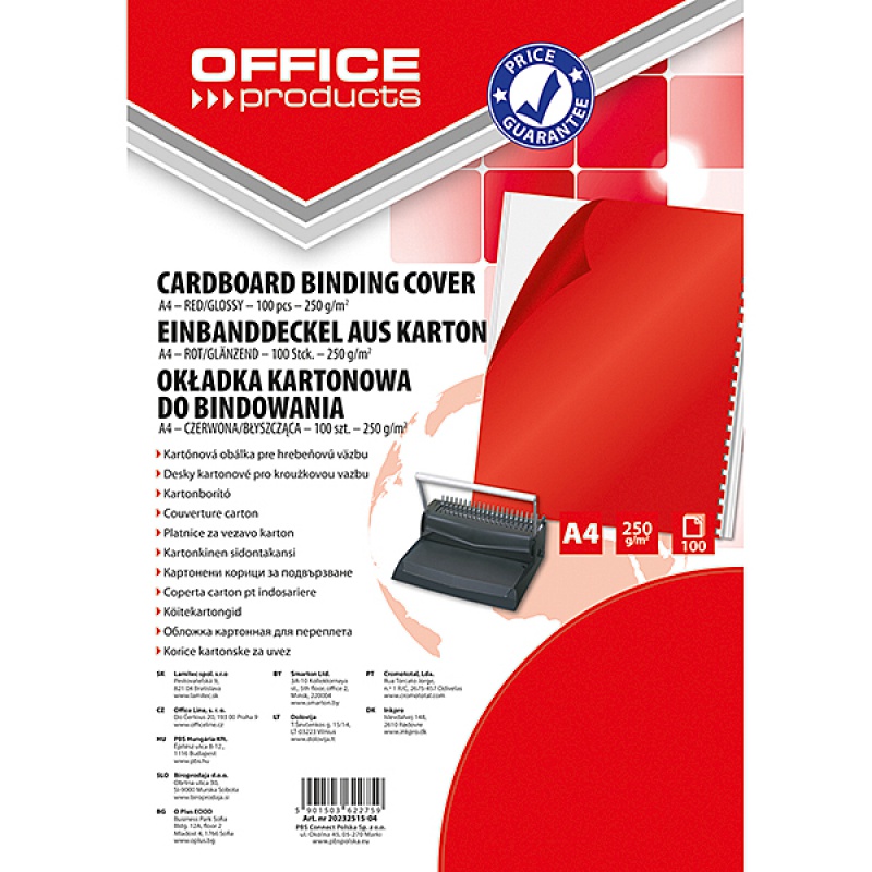 Okładki do bindowania Office Products, karton, A4, 250gsm, błyszczące, 100szt., czerwone