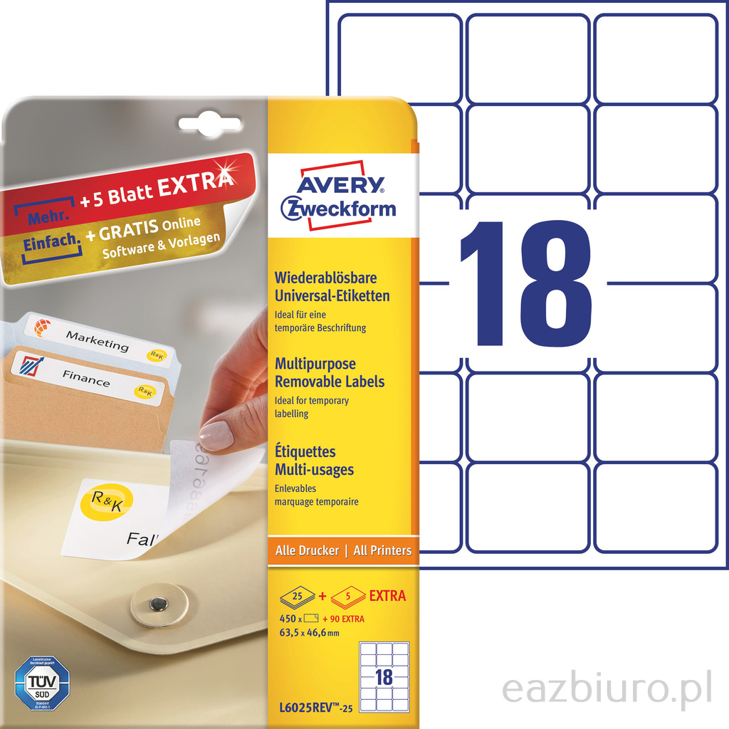 Usuwalne etykiety uniwersalne Avery Zweckform zf-6025 63,5x46,6 mm, zestaw 25 arkuszy + 5 | eazbiuro.pl | Kup online!