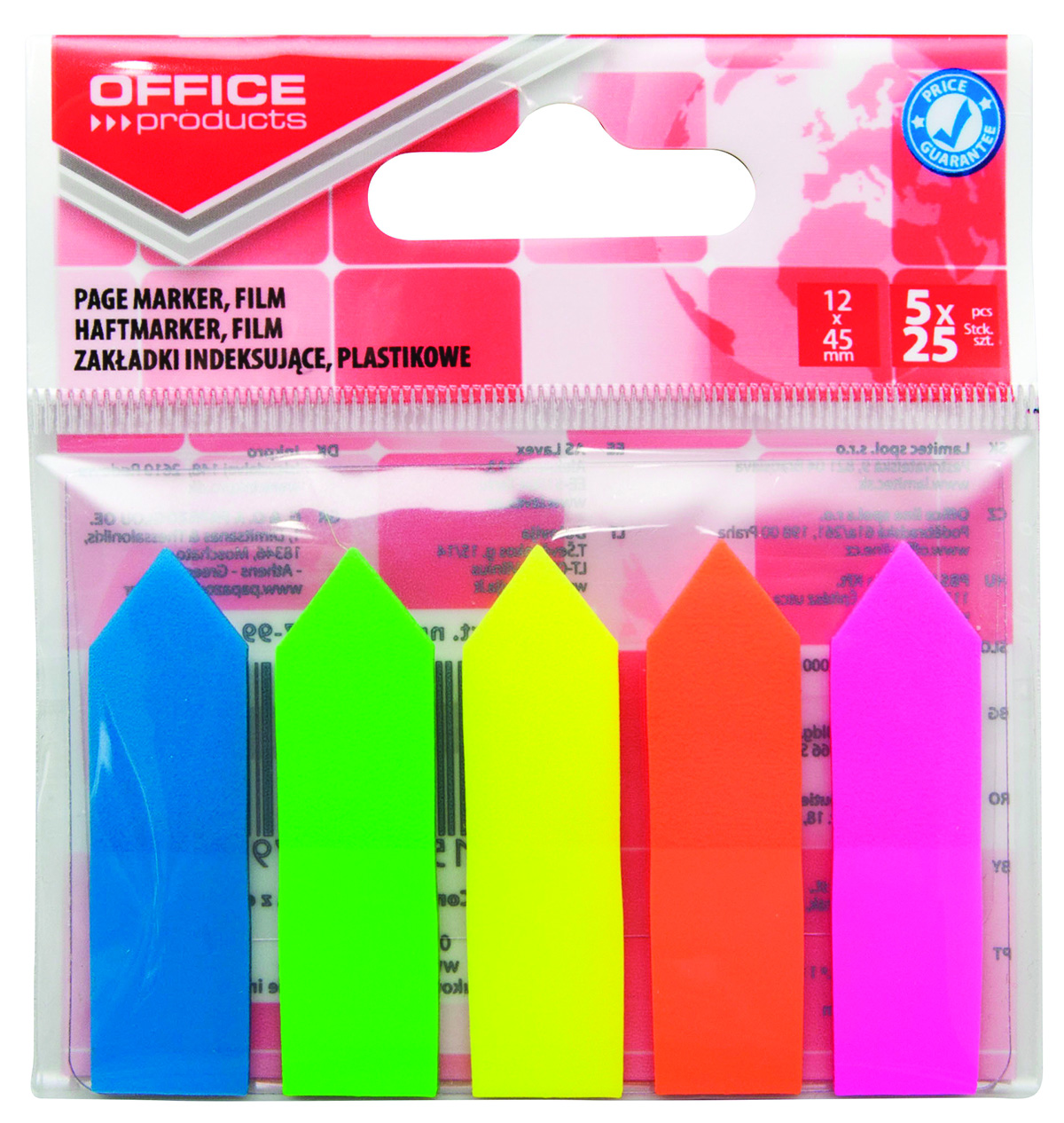 Zakładki indeksujące Office Products, strzałka, pp, 12x45mm, 5x25 kart., zawieszka, mix kolorów