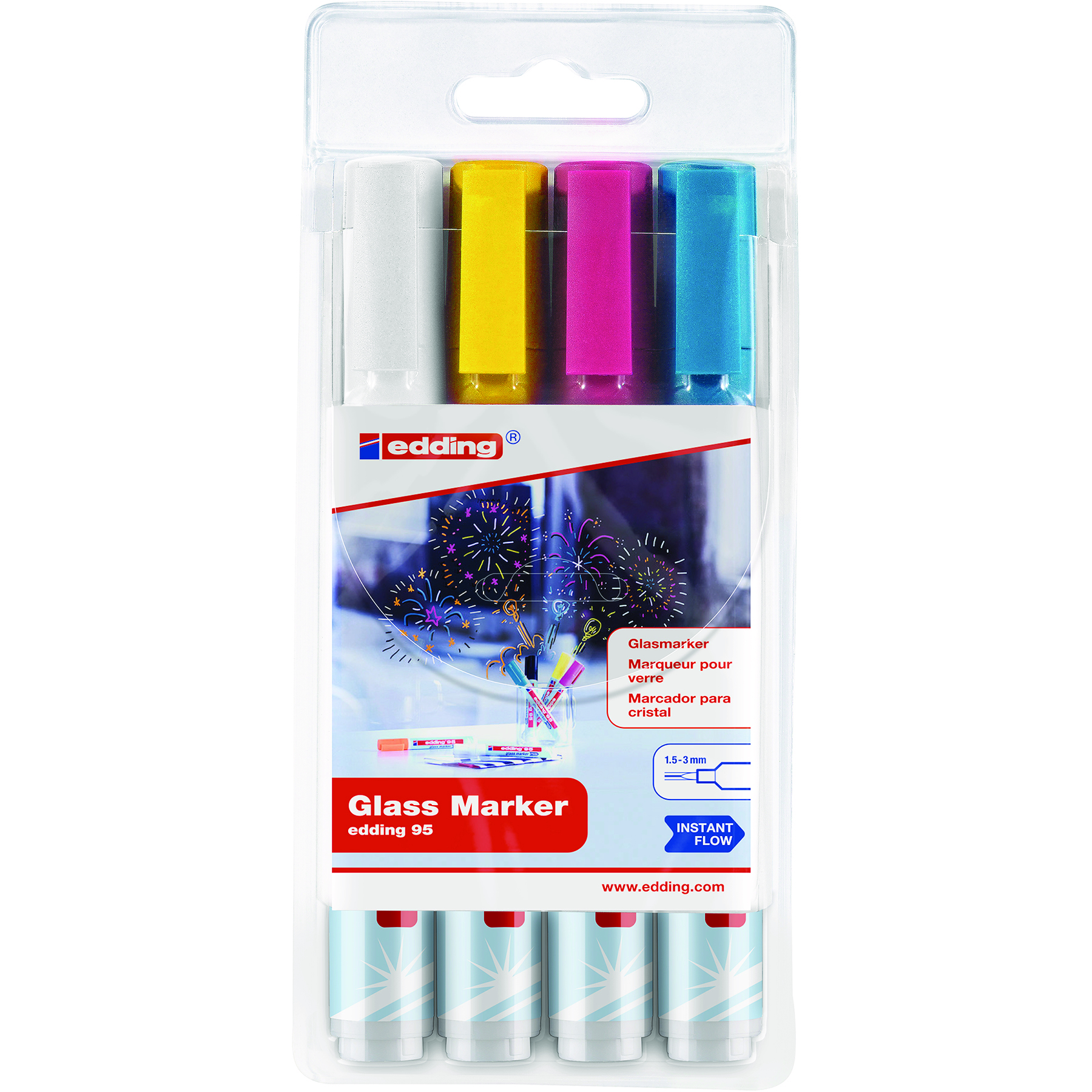 Marker do powierzchni szklanych e-95 Edding, 1,5-3 mm, 4 szt., mix kolorów