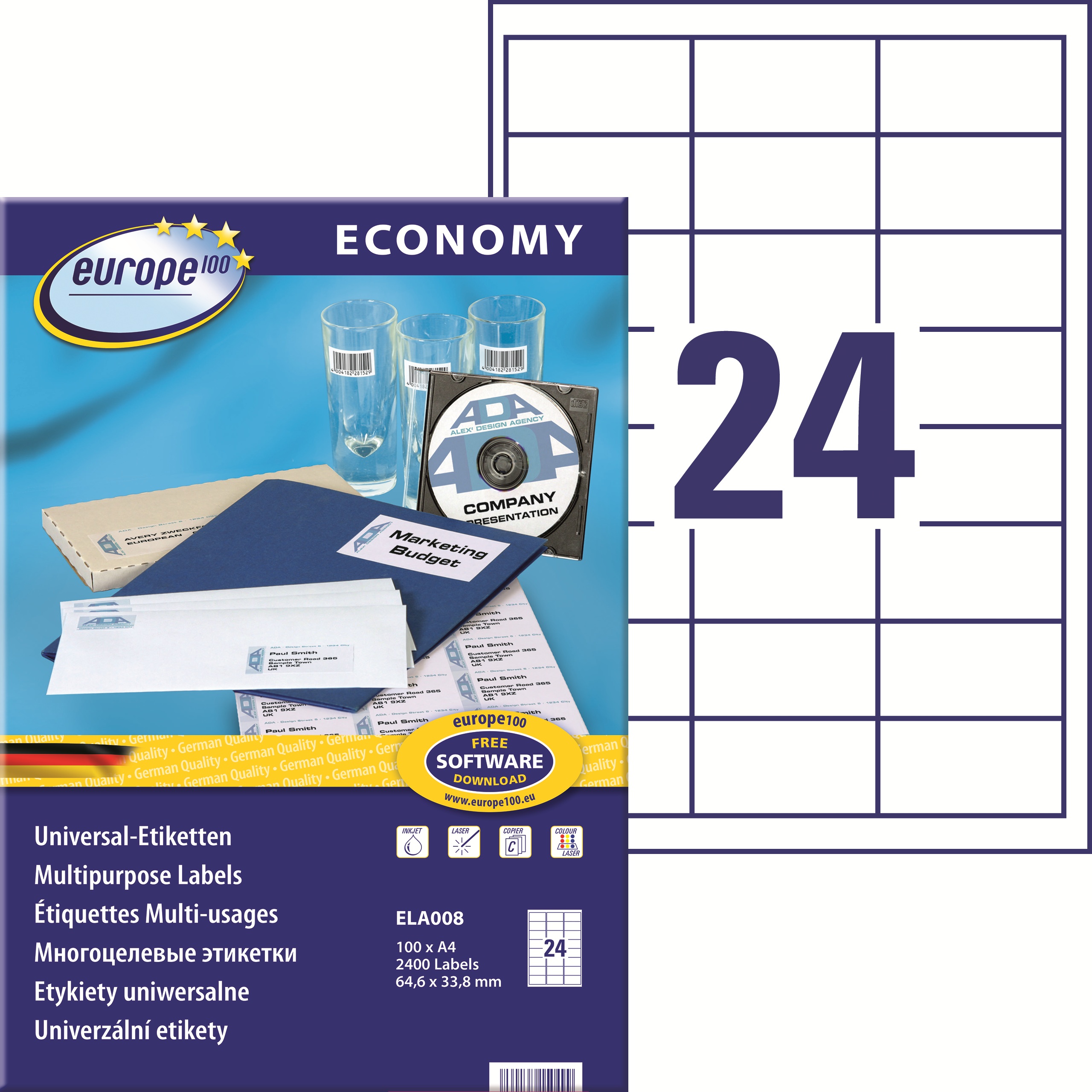 Etykiety A4 64,6x33,8 mm mm uniwersalne economy europe100 by Avery Zweckform; A4, 100 ark.