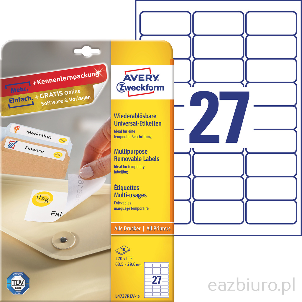 Usuwalne etykiety uniwersalne Avery Zweckform, A4, 10 ark. op., 63,5 x 29,6 mm, białe | eazbiuro.pl | Kup bez ryzyka!