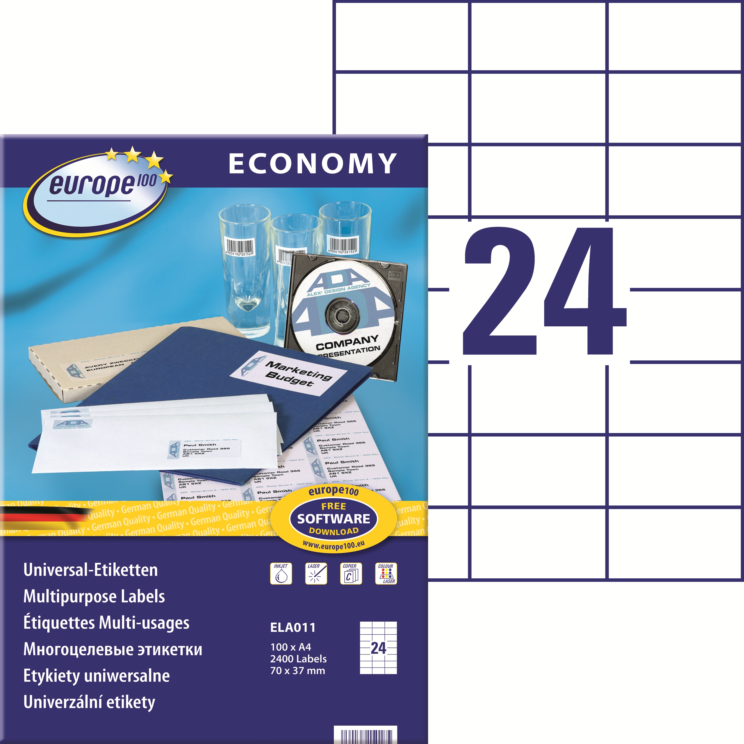 Etykiety A4 70x37 mm mm uniwersalne economy europe100 by Avery Zweckform; A4, 100 ark.