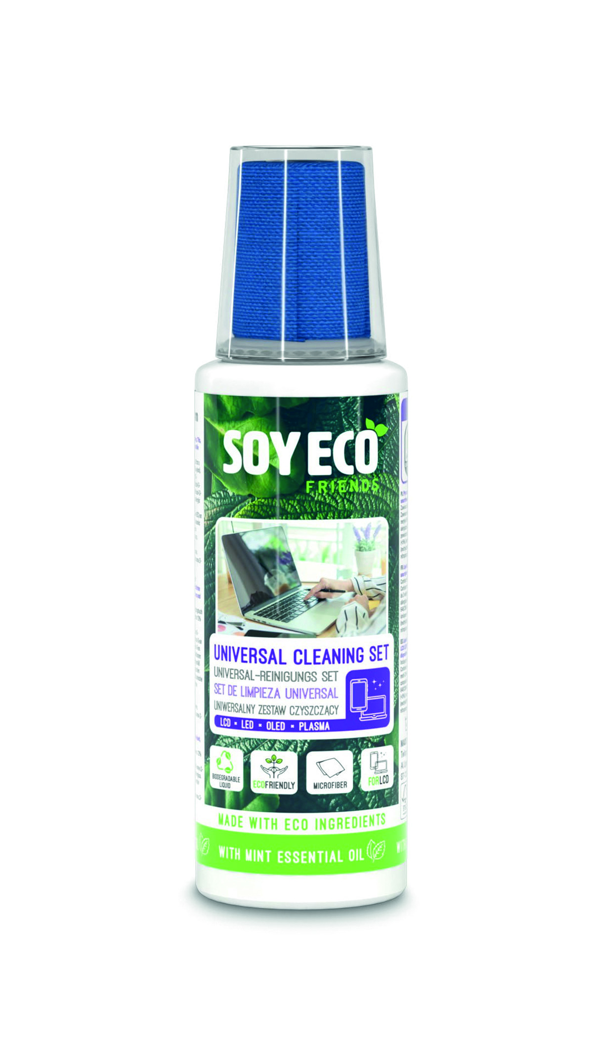 Zestaw 2w1 do czyszczenia ekranów soyeco, eco, środek czyszczący 100 ml + mikrofibra 20x20 Zestaw 2w1 do czyszczenia ekranów soyeco, eco, środek czyszczący 100 ml + mikrofibra 20x20