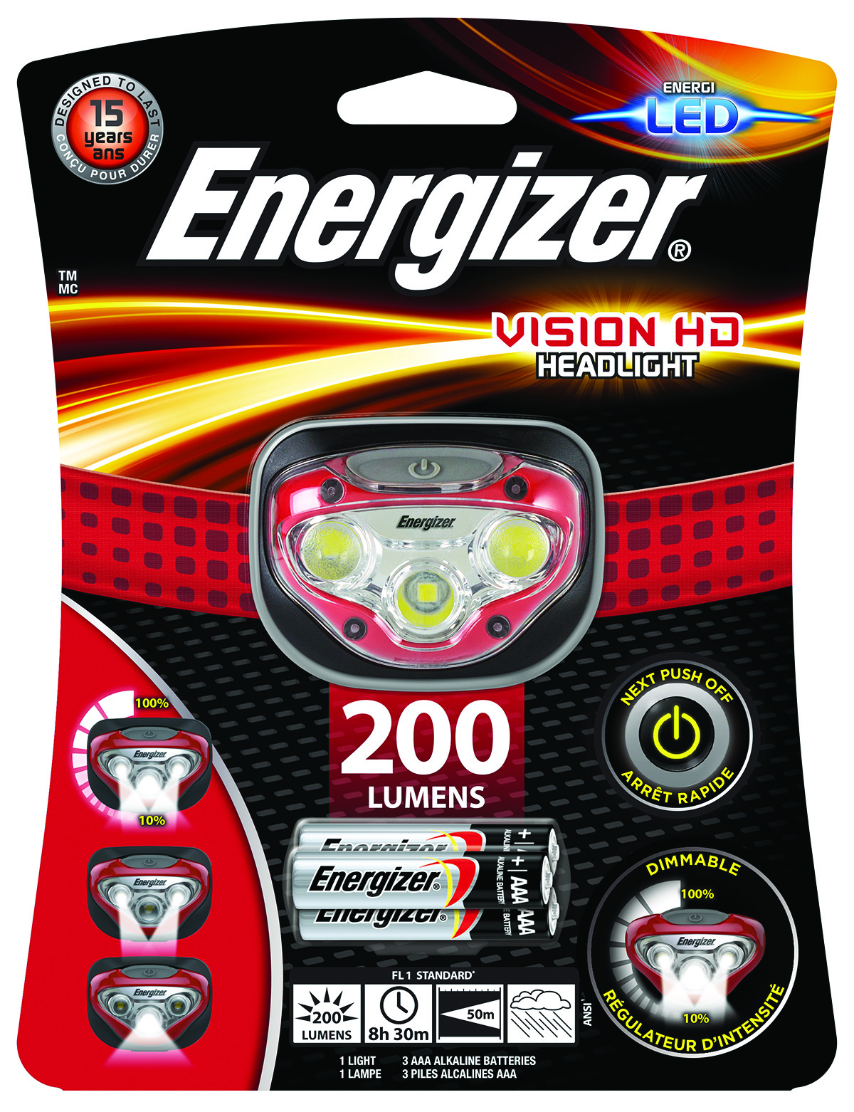 Latarka czołowa Energizer vision hd heaDLight + 3 sztuki baterii aaa, czerowna
