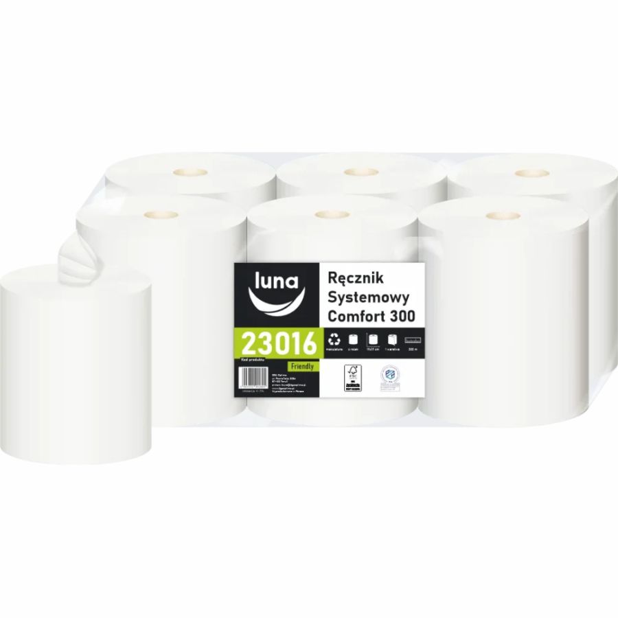 Ręcznik papierowy Luna Center Pull 1-warstwowy 300m eco friendly biały 6 rolek