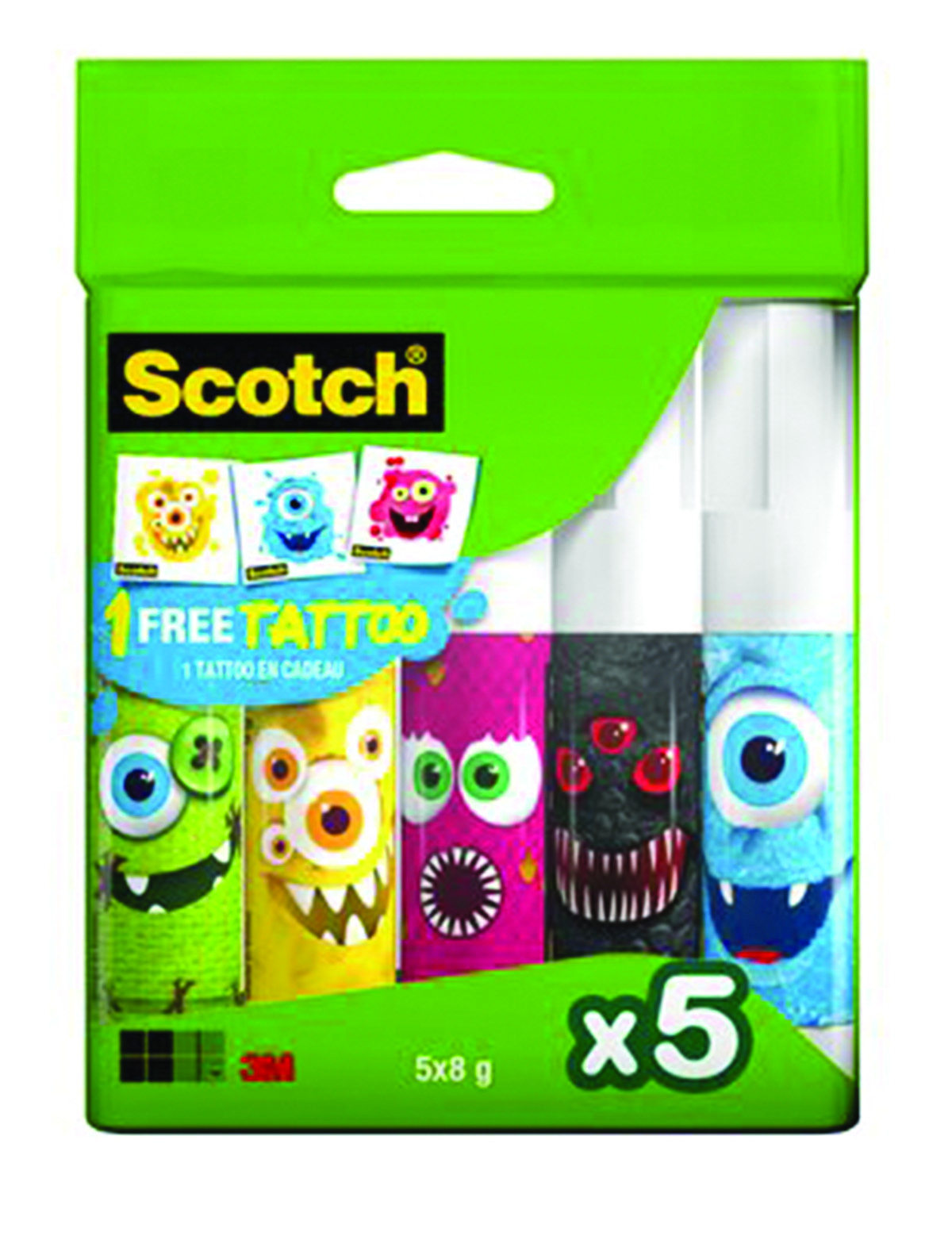 Klej szkolny w sztyfcie Scotch® monsters edition, do papieru, 8g, 5szt, bezbarwny Klej szkolny w sztyfcie Scotch® monsters edition, do papieru, 8g, 5szt, bezbarwny