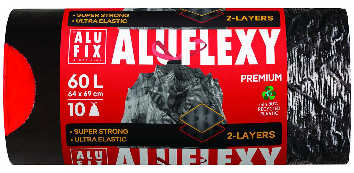 Worki na śmieci ALUFIX Aluflexy, z taśmą, LDPE, 60l, 10 szt., stalowe