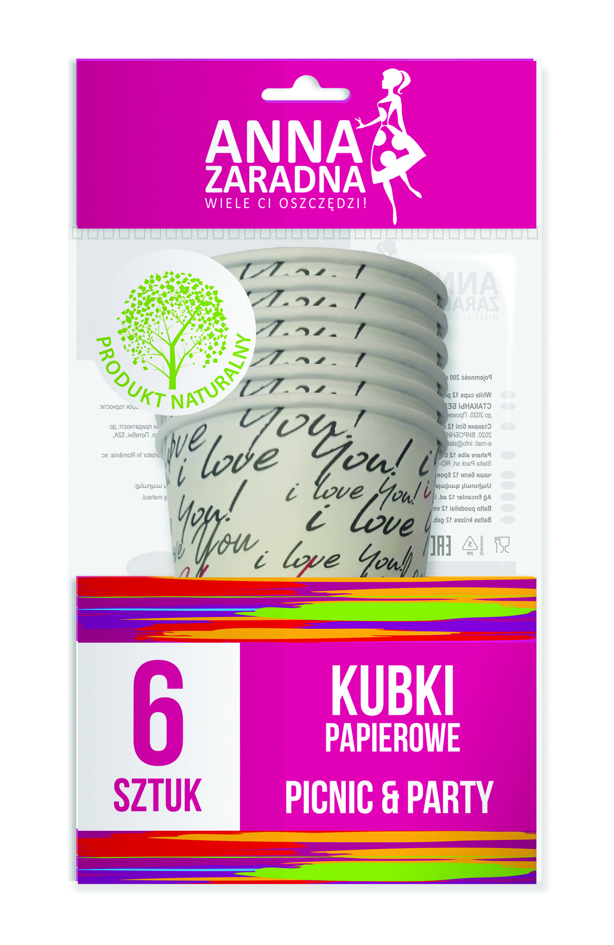 Kubki papierowe Anna Zaradna, 200 ml, 6 szt., mix kolorów