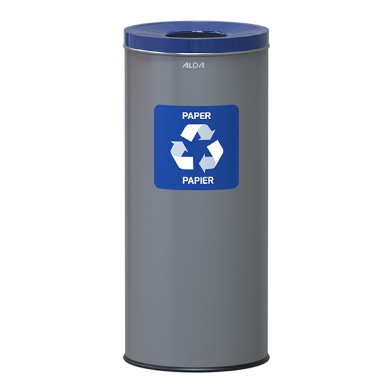 Kosz na śmieci alda eko, 45l, do segregacji: papier, stal powlekana organicznie, niebieska pokrywka, szary Kosz na śmieci alda eko, 45l, do segregacji: papier, stal powlekana organicznie, niebieska pokrywka, szary