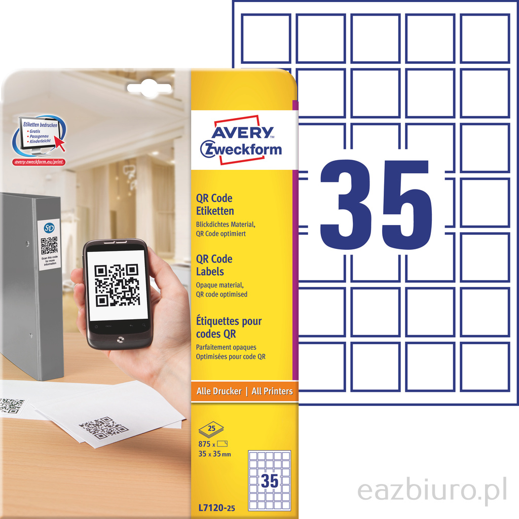 Etykiety do kodów qr Avery Zweckform; A4, 25 ark./op., 35 x 35 mm,białe | eazbiuro.pl | Zamów bezpiecznie!