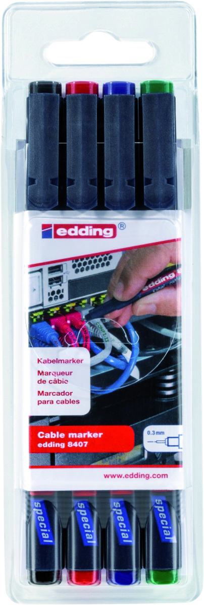 Marker do znakowania kabli e-8407 Edding, 0,3 mm, 4 szt., mix kolorów Marker do znakowania kabli e-8407 Edding, 0,3 mm, 4 szt., mix kolorów