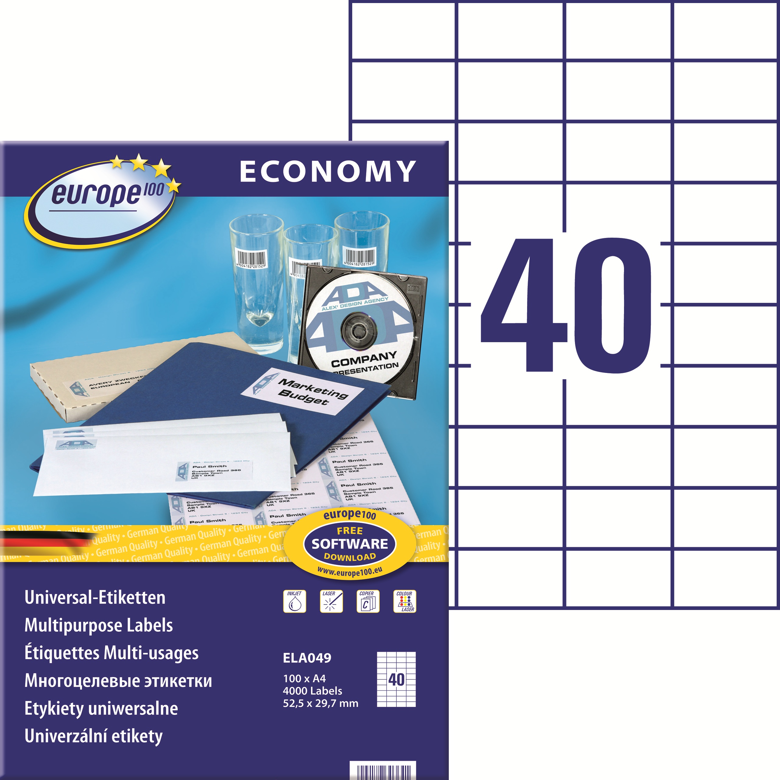 Etykiety A4 52,5x29,7 mm mm uniwersalne economy europe100 by Avery Zweckform; A4, 100 ark.