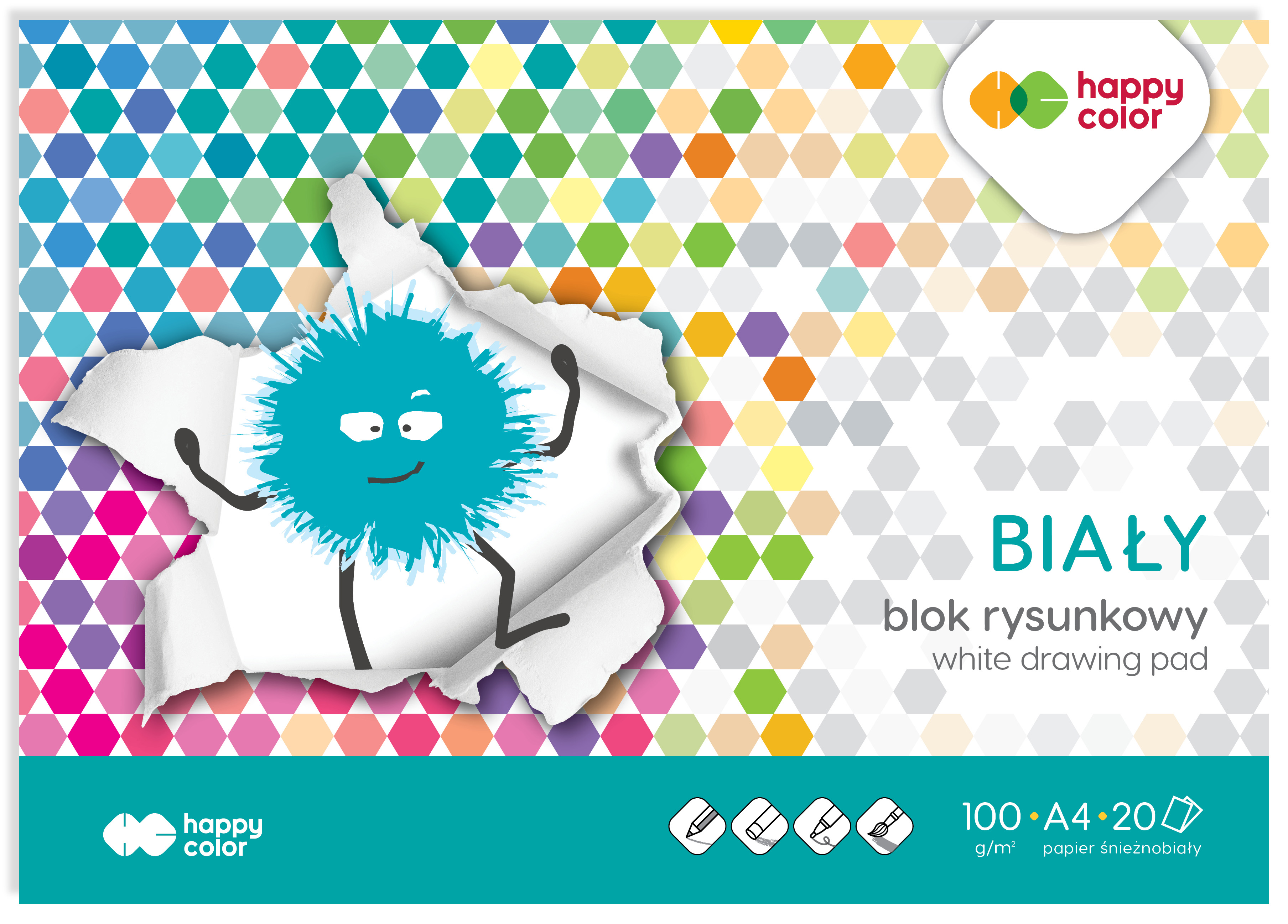 Blok rysunkowy biały A4, 100g/m2, 20 arkuszy, Happy Color Blok rysunkowy biały A4, 100g/m2, 20 arkuszy, Happy Color