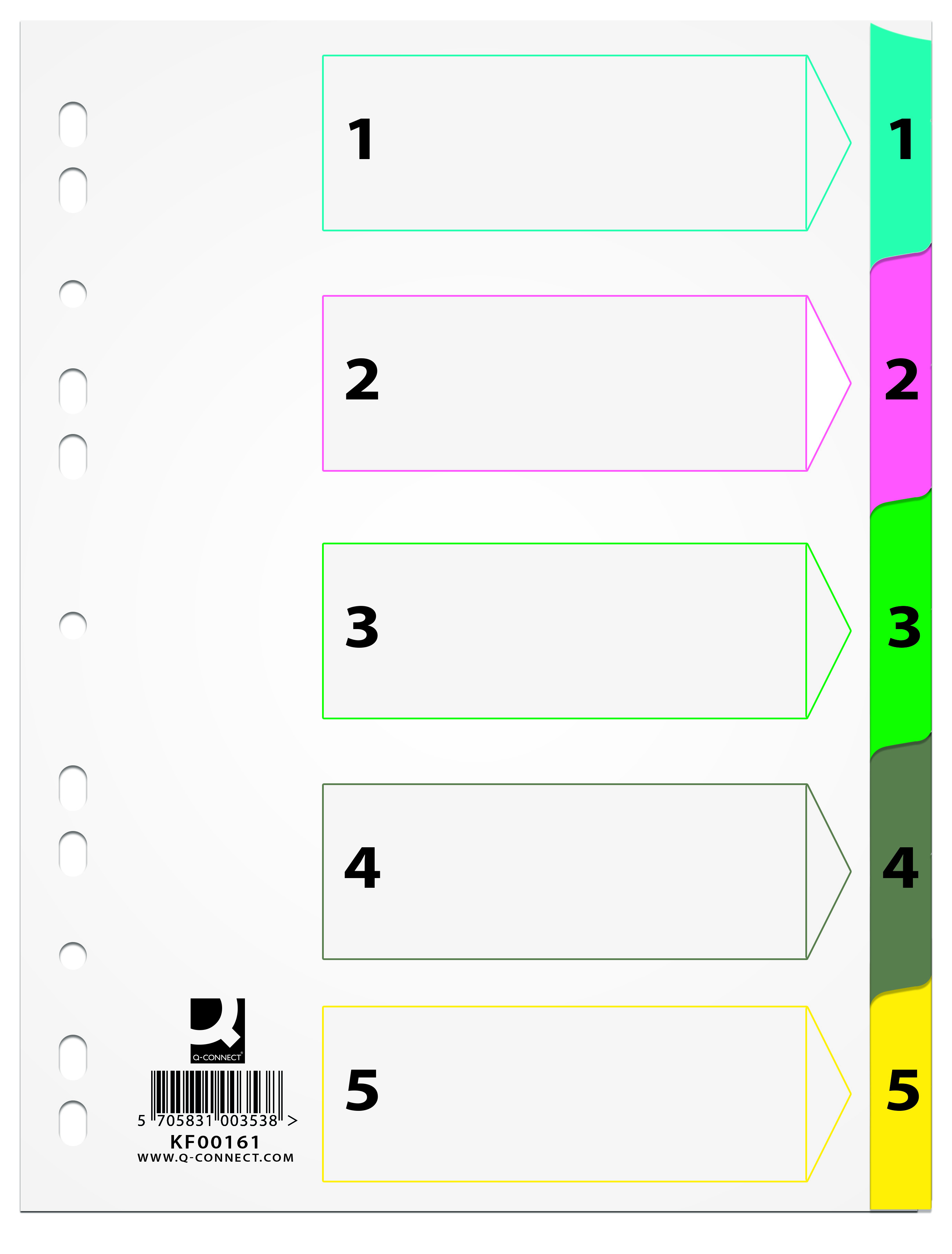 Przekładki Q-Connect mylar, kartonowe, A4, 225x297mm, 1-5, 5 kart, laminowany indeks, mix kolorów Przekładki Q-Connect mylar, kartonowe, A4, 225x297mm, 1-5, 5 kart, laminowany indeks, mix kolorów