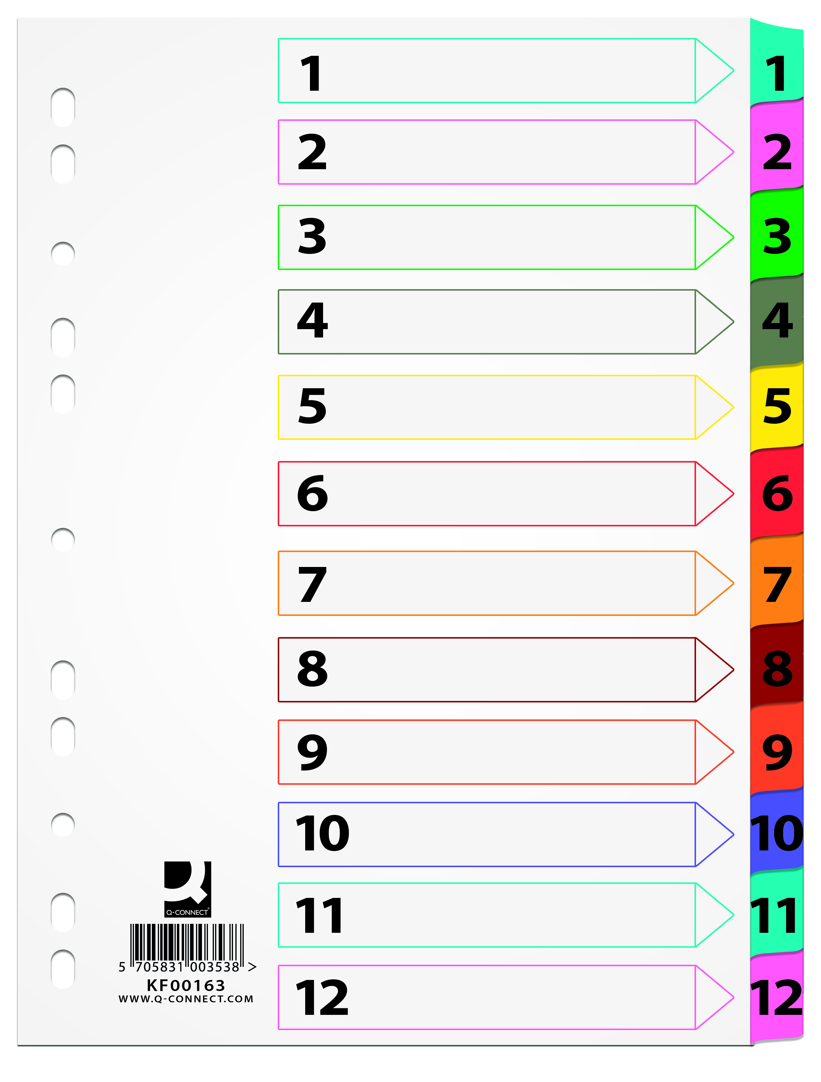 Przekładki Q-Connect mylar, kartononowe, A4, 225x297mm, 1-12, 12 kart, laminowany indeks, mix kolorów Przekładki Q-Connect mylar, kartononowe, A4, 225x297mm, 1-12, 12 kart, laminowany indeks, mix kolorów