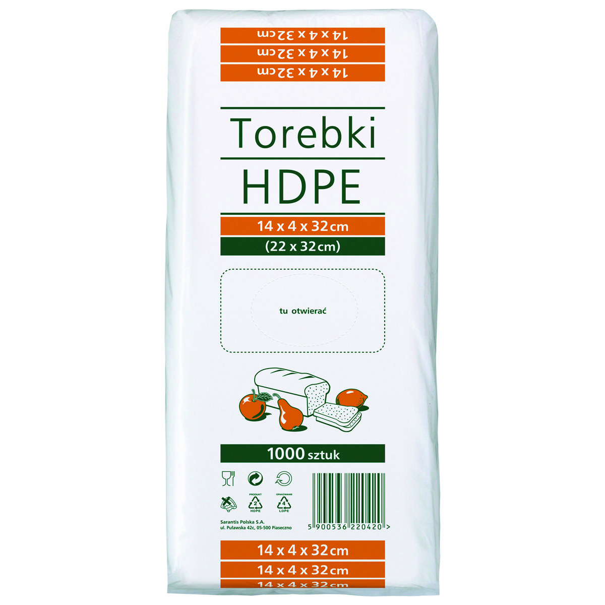 Torebki spożywcze HDPE, 14x4x32cm, 1000 szt., transparentne