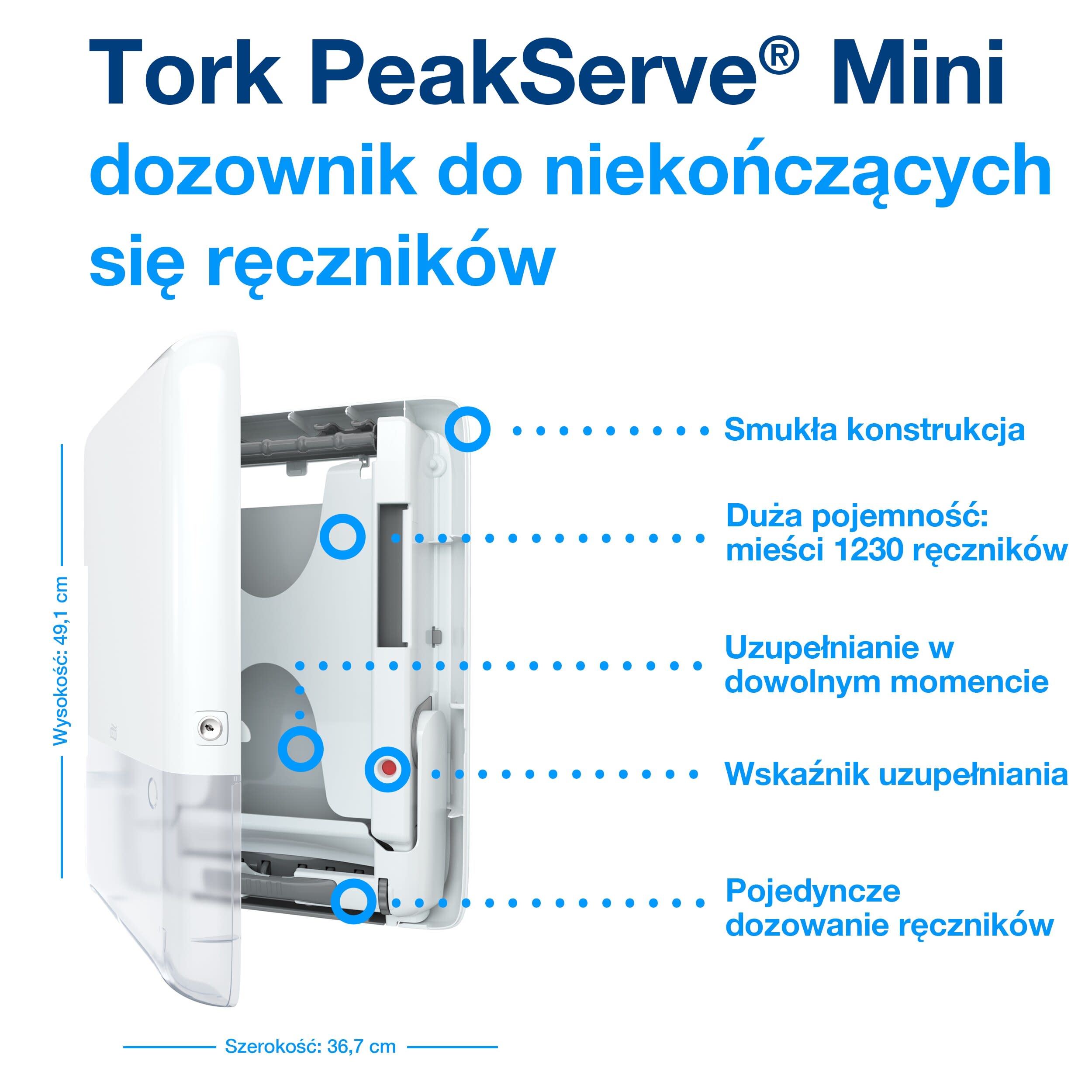 Tork peakserve® mini dozownik do niekończących się ręczników, biały, h5, o dużej pojemności, linia elevation, 552550