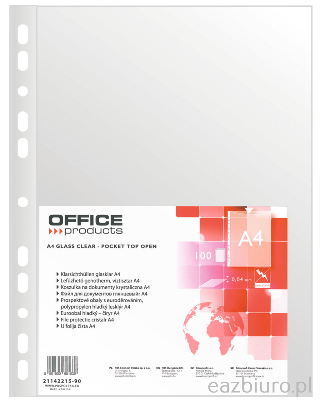Koszulki na dokumenty Office Products, pp, A4, krystal, 40mikr., 100 sztuk