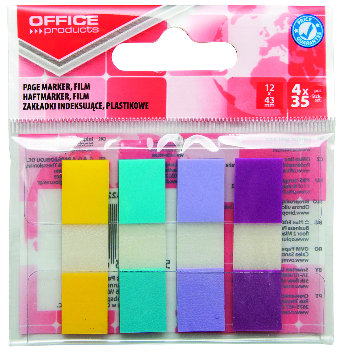 Zakładki indeksujące Office Products, pp, 12x43mm, 4x35 kart., zawieszka, mix kolorów pastel