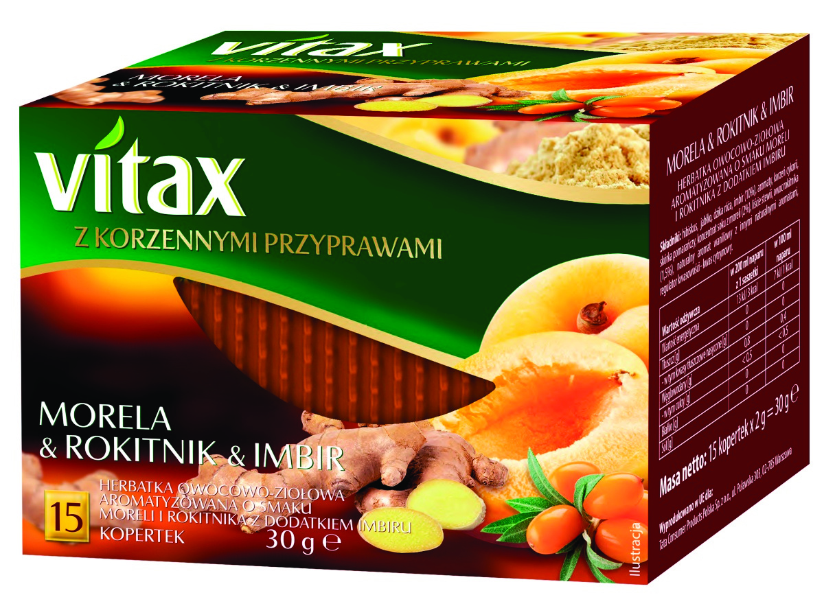 Herbata VITAX, owocowo-ziołowa, morela, rokitnik i imbir, 15 kopert