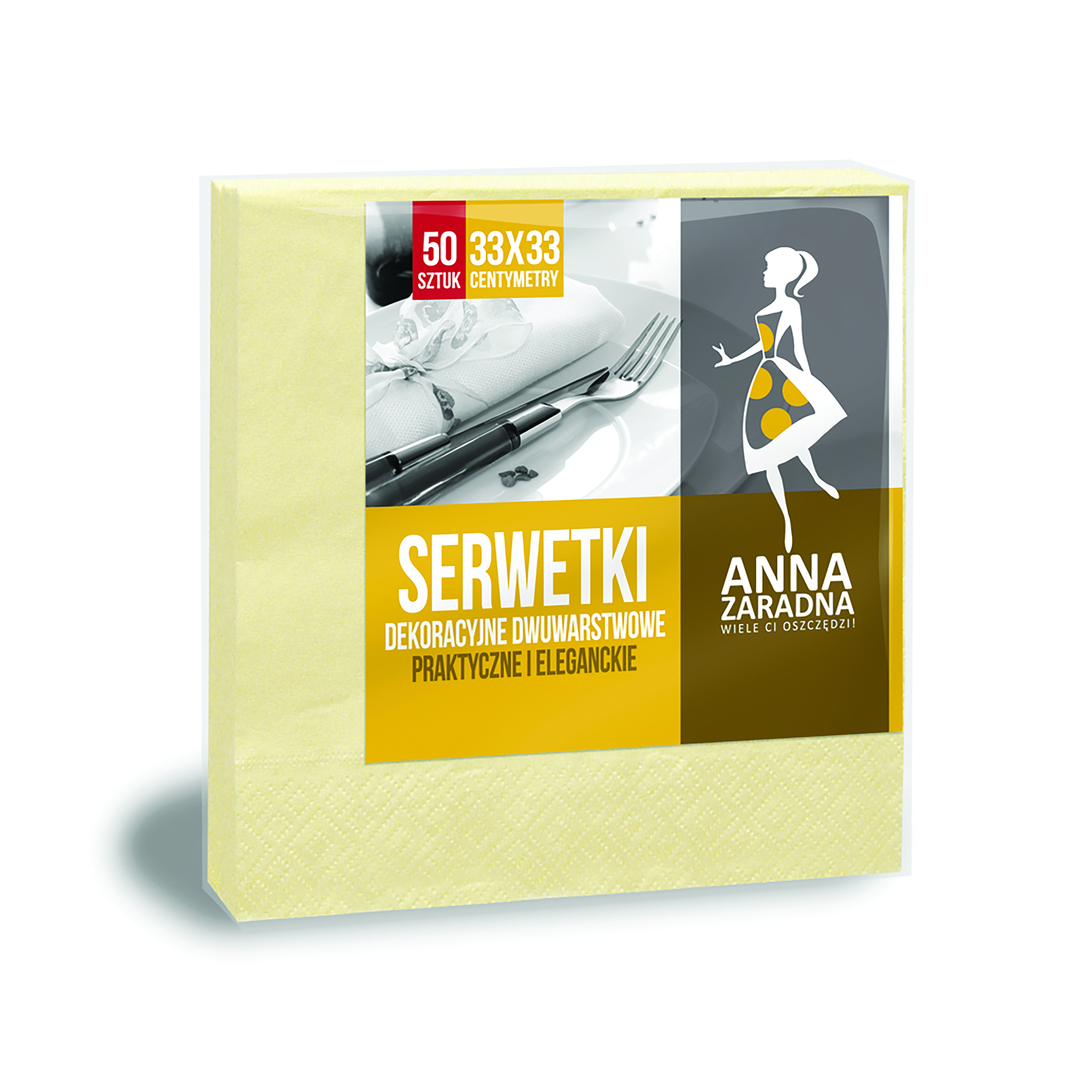 Serwetki Anna Zaradna, dwuwarstwowe, składane, 33x33cm, 50 szt., szampan, szampan