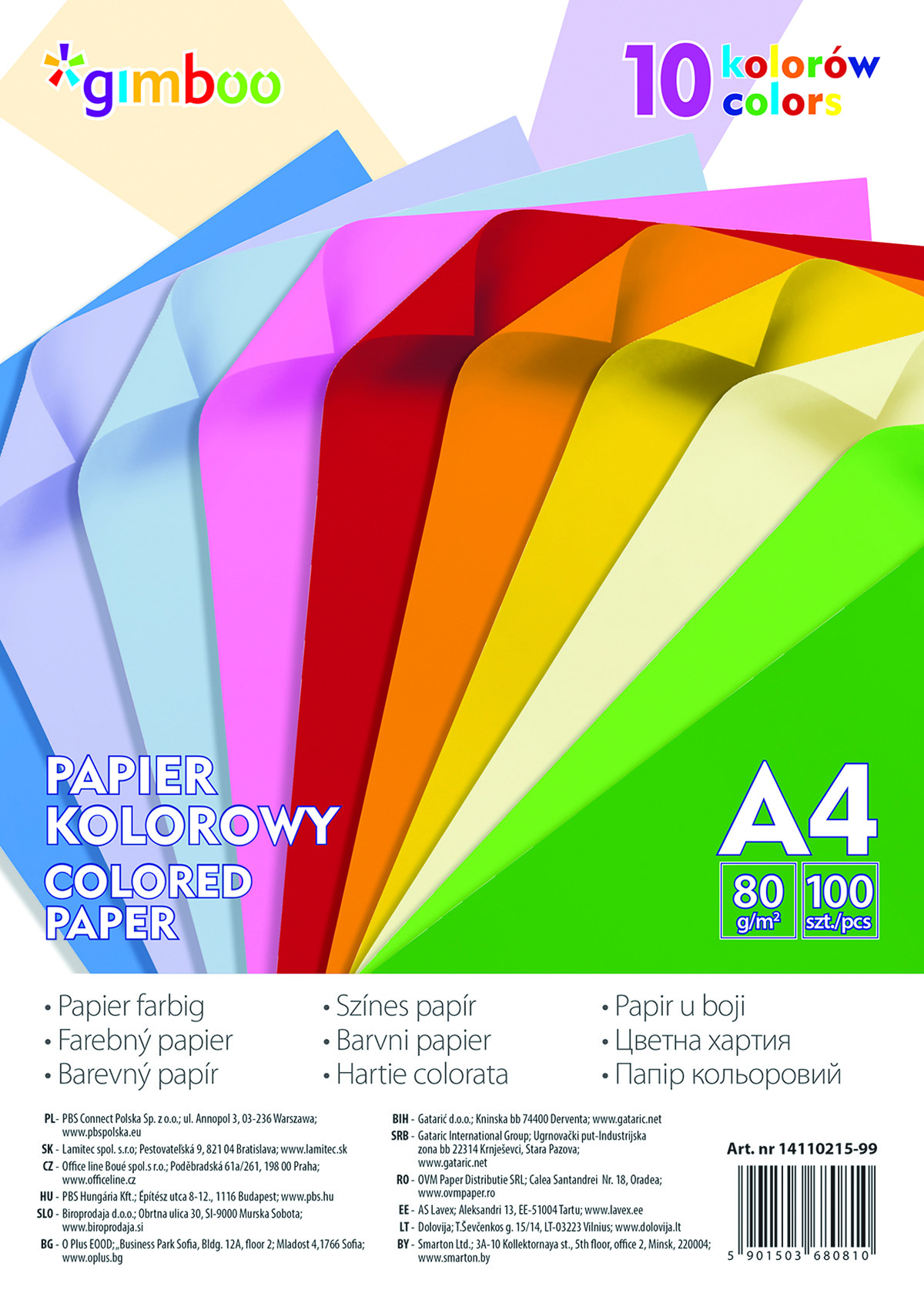 Papier kolorowy Gimboo, A4, 100 arkuszy, 80gsm, 10 kolorów neonowych