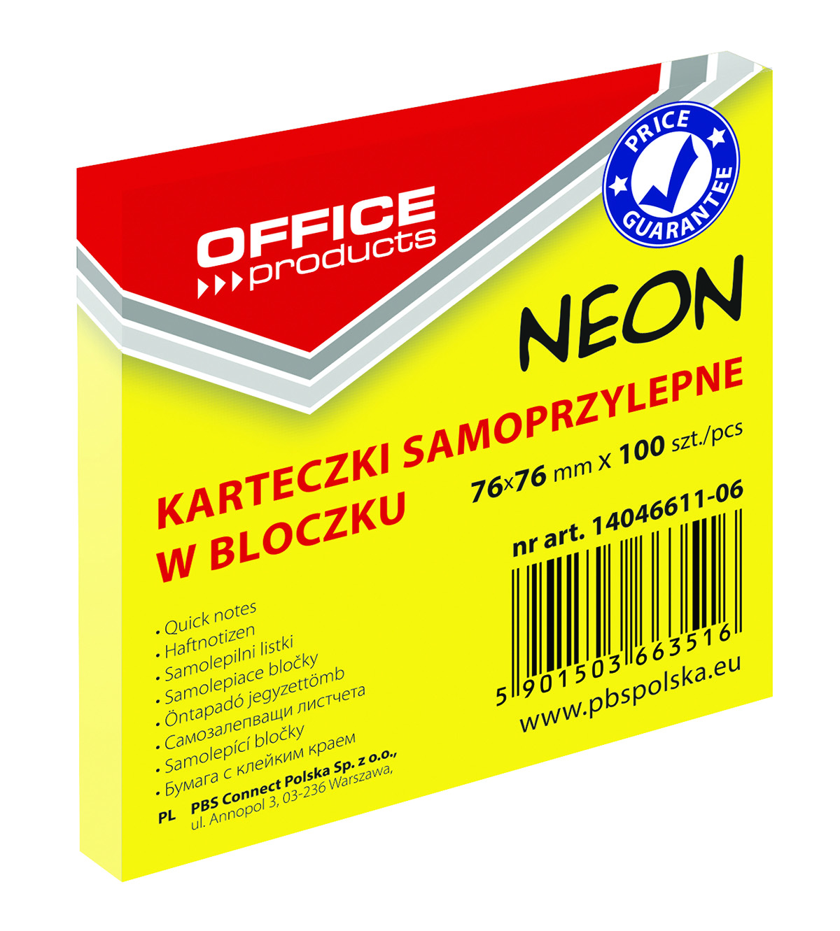 Notatnik samoprzylepny 76x76 neon zolty 100k