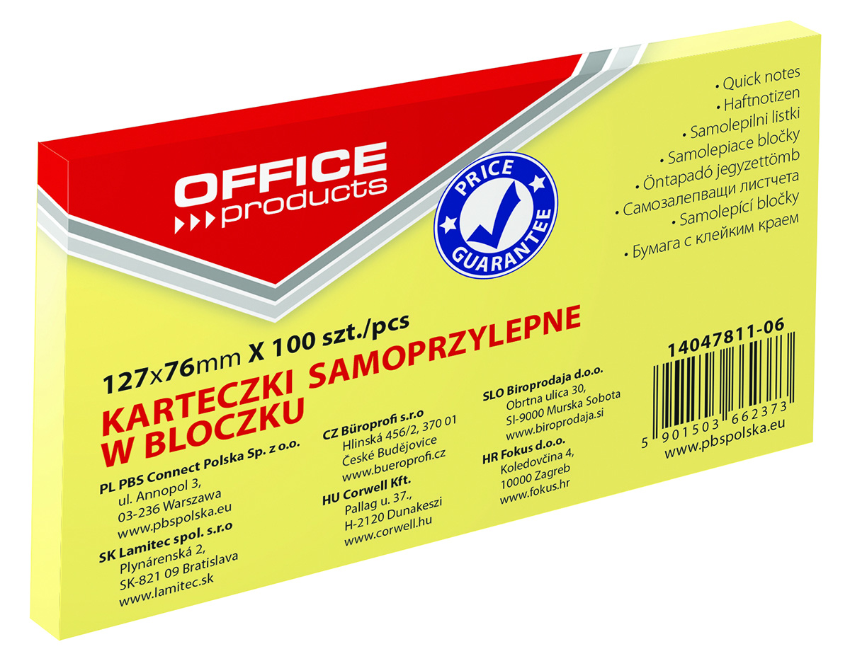 Bloczek samoprzylepny Office Products, 127x76mm, 1x100 kart., pastel, jasnożółty Bloczek samoprzylepny Office Products, 127x76mm, 1x100 kart., pastel, jasnożółty