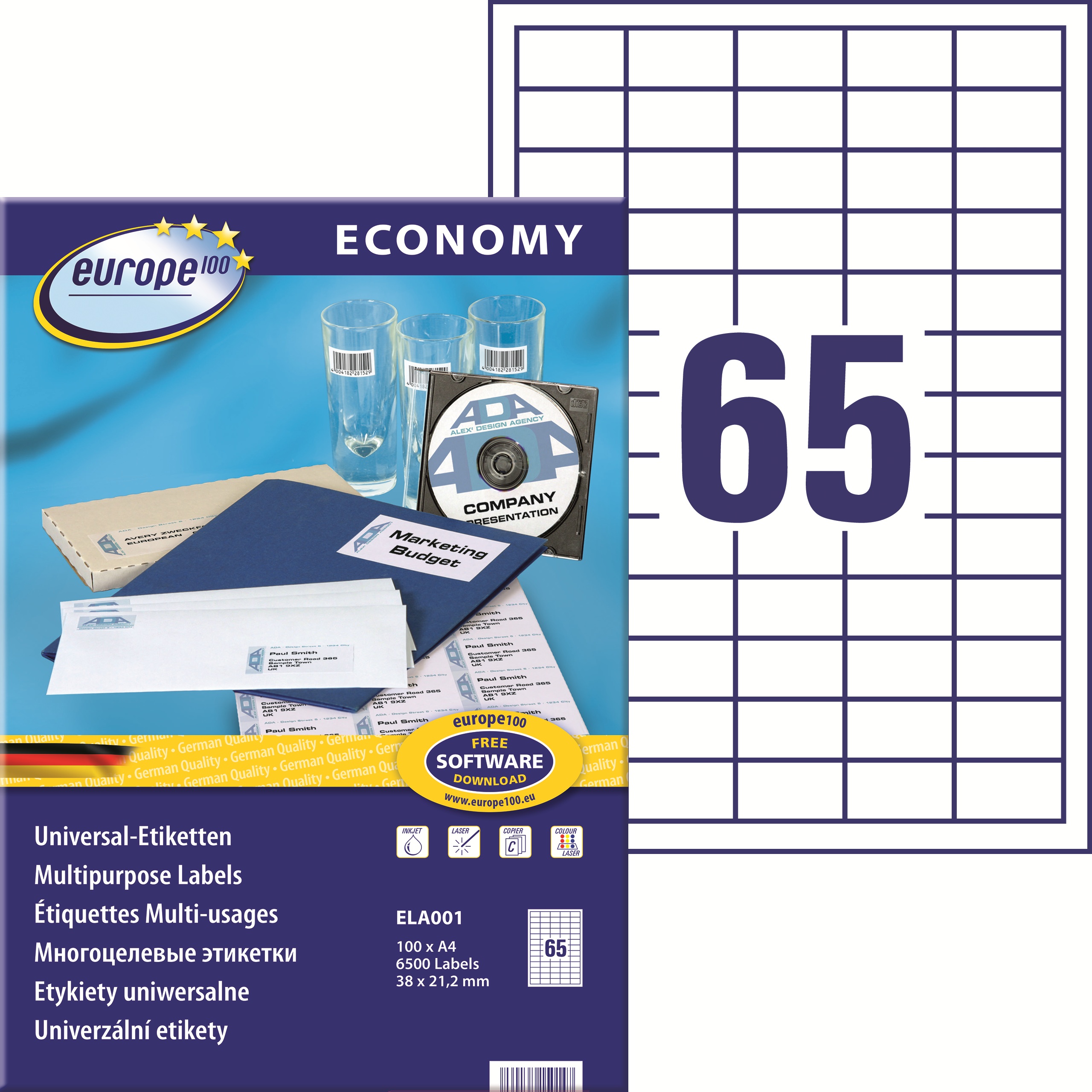 Etykiety A4 38x21,2 mm mm uniwersalne economy europe100 by Avery Zweckform; A4, 100 ark.