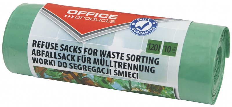 Worki na śmieci domowe Office Products, do segregacji szkła, mocne (ldpe), 120l, 10szt., zielone