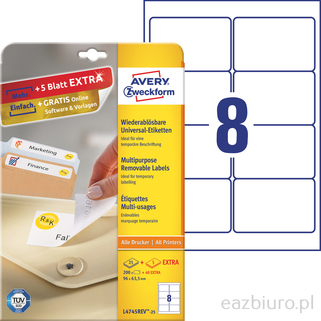 Usuwalne etykiety uniwersalne Avery Zweckform zf-4745 96x63,5 mm, zestaw 25 arkuszy + 5 | eazbiuro.pl | Kup wygodnie!