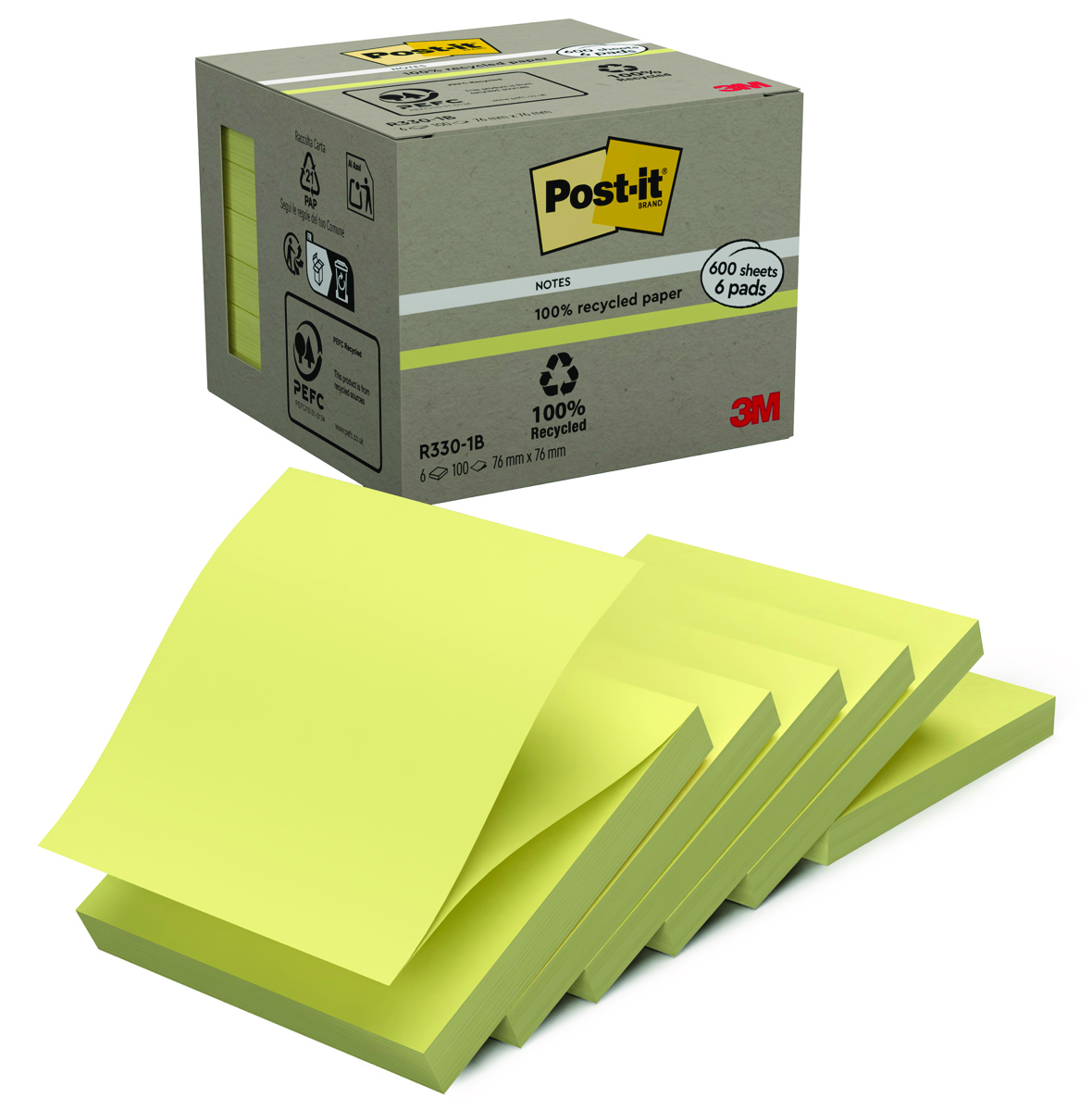Ekologiczne karteczki samoprzylepne Post-it® z-notes (r330-1b), 76x76mm, 6 bl. x 100 kart., żółte