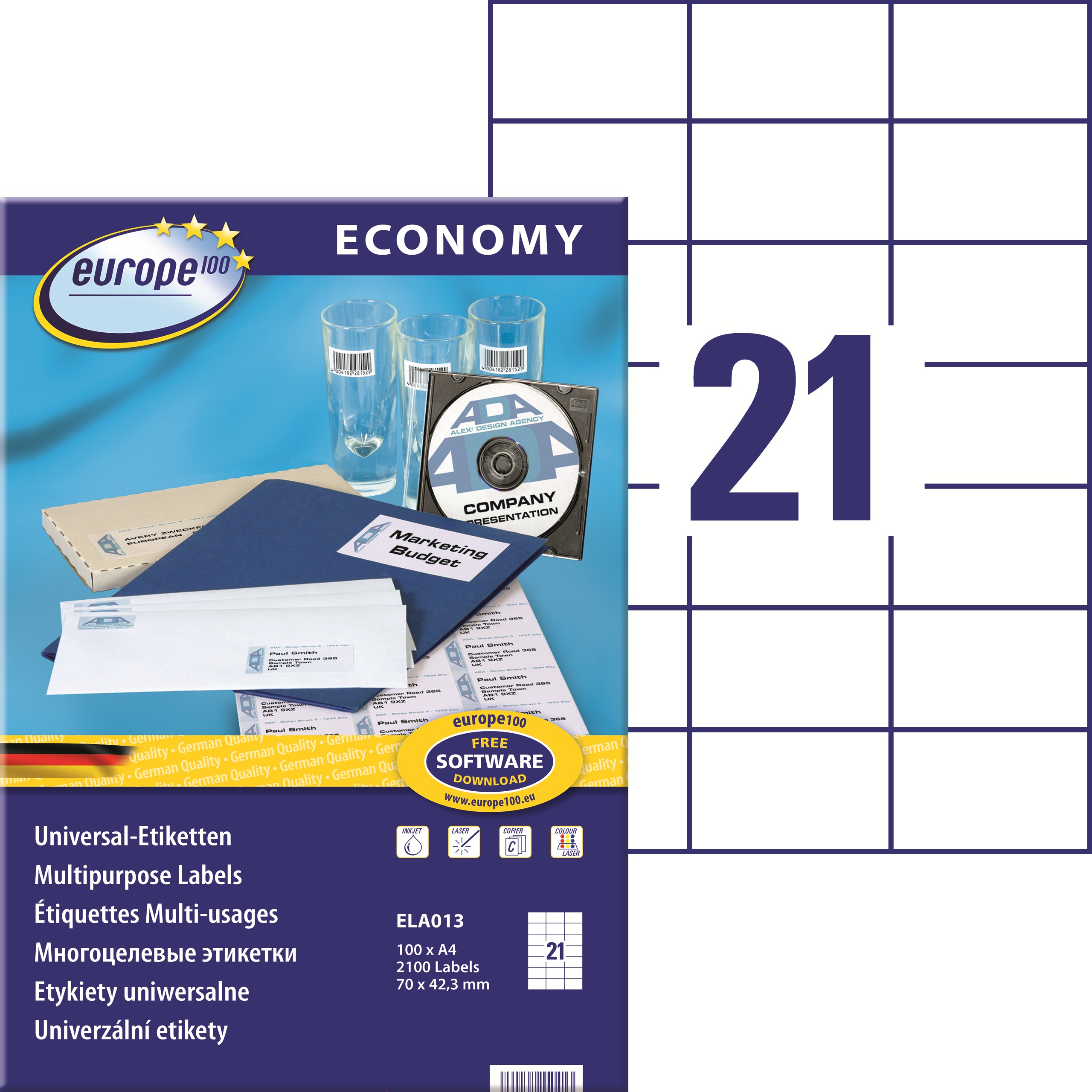 Etykiety A4 70x42,3 mm mm uniwersalne economy europe100 by Avery Zweckform; A4, 100 ark.
