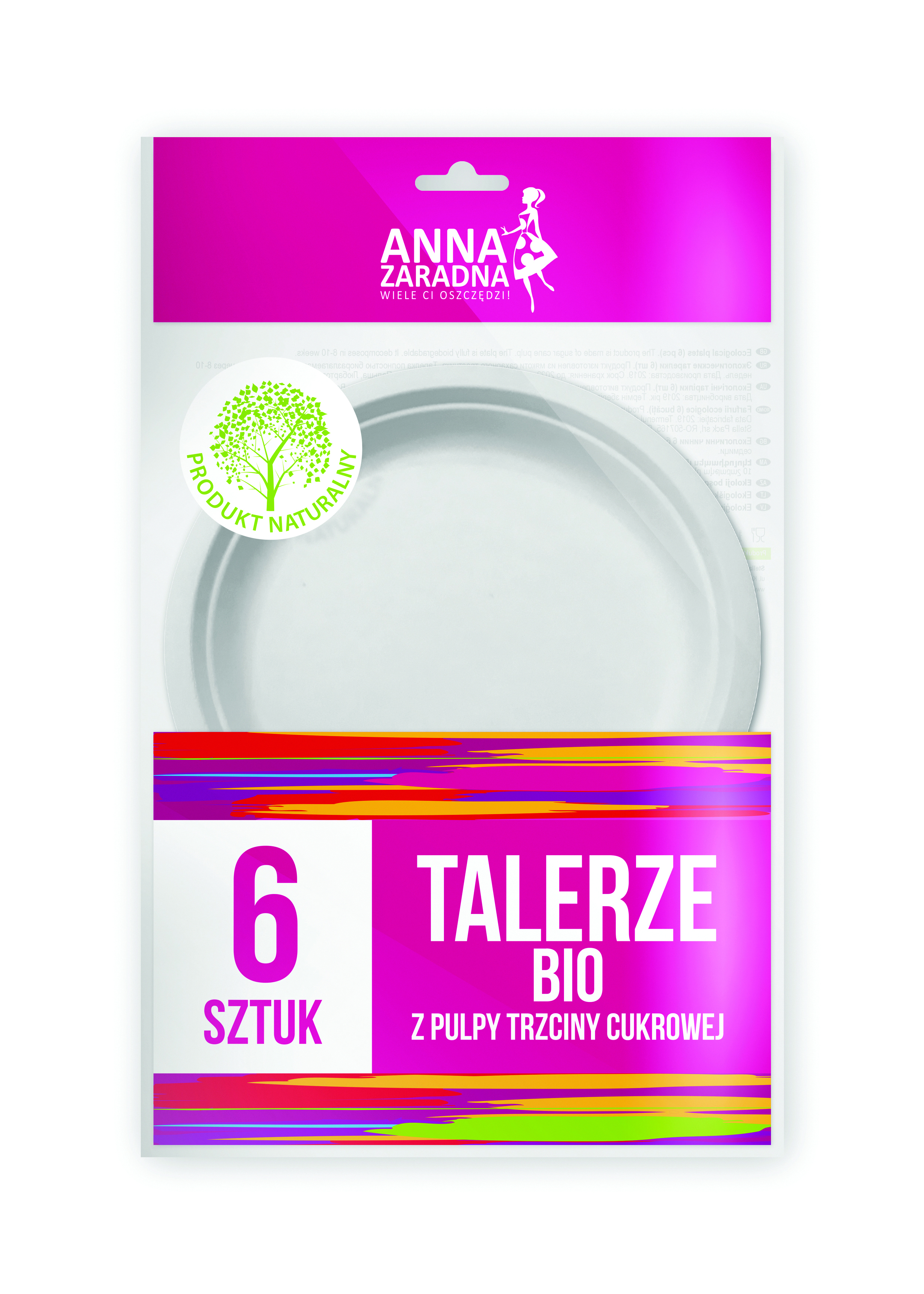 Talerze bio Anna Zaradna, z pulpy trzciny cukrowej, 6 szt., biały