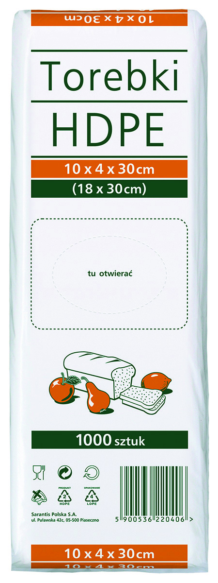 Torebki spożywcze HDPE, 10x4x30cm, 1000 szt., transparentne