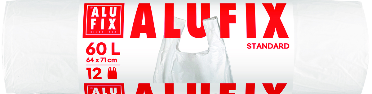 Worki na śmieci ALUFIX, z uszami, HDPE, 64x71cm, 60l, 12 szt., białe Worki na śmieci ALUFIX, z uszami, HDPE, 64x71cm, 60l, 12 szt., białe