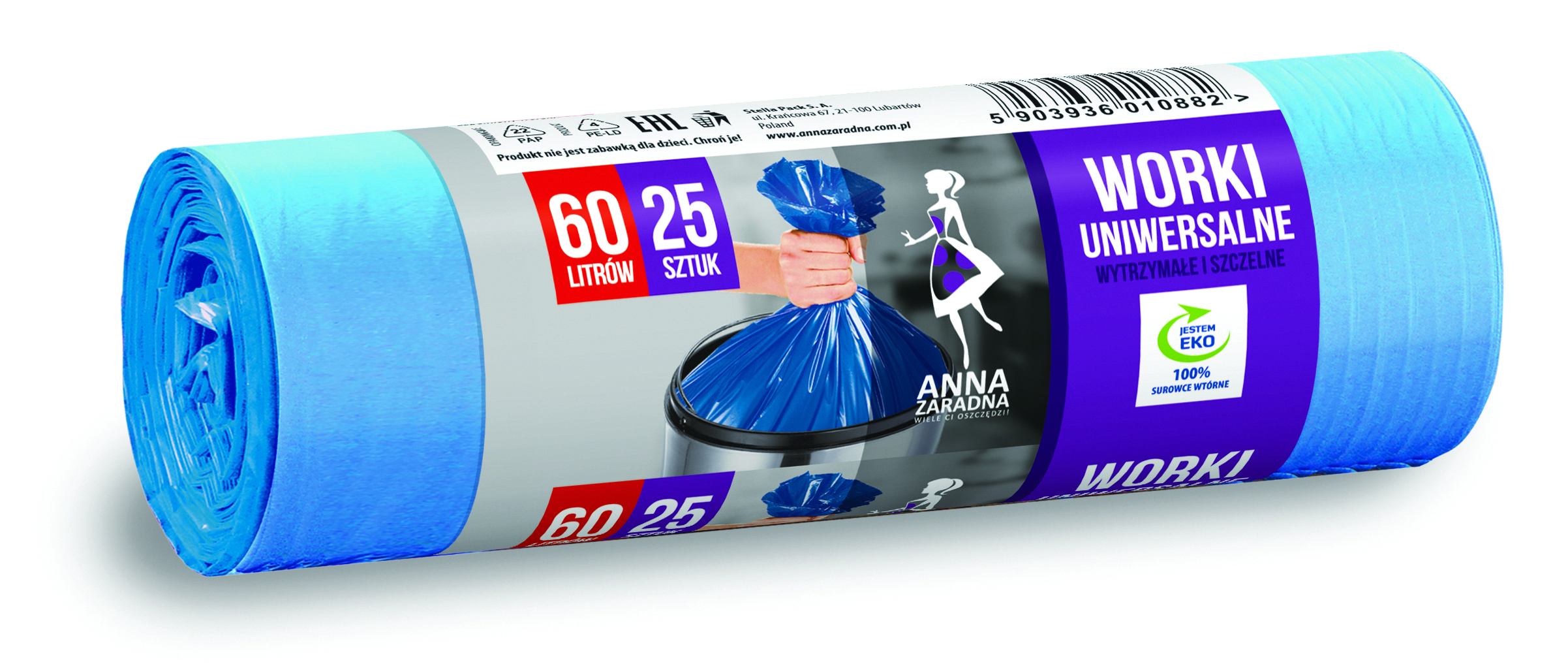 Worki na śmieci uniwersalne Anna Zaradna, 60 l, zestaw 25 sztuk., niebieskie | eazbiuro.pl | Zamów z gwarancją!