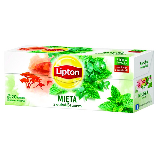 Herbata Lipton, 20 torebek, ziołowa z miętą i eukaliptusem Herbata Lipton, 20 torebek, ziołowa z miętą i eukaliptusem