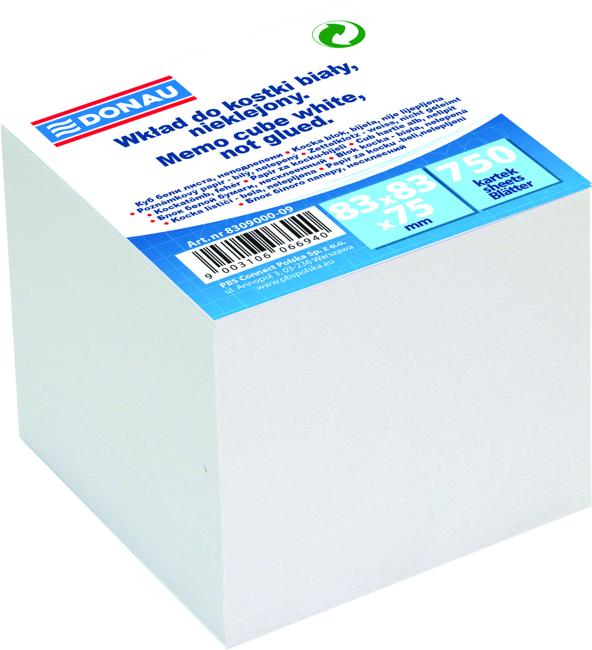 Kostka papier biala- 83x83x75 750kartek nieklej.