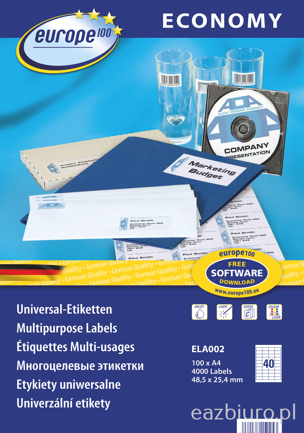 Etykiety A4 48,5x25,4 mm mm uniwersalne economy europe100 by Avery Zweckform; A4, 100 ark. | eazbiuro.pl | Wybierz hit!