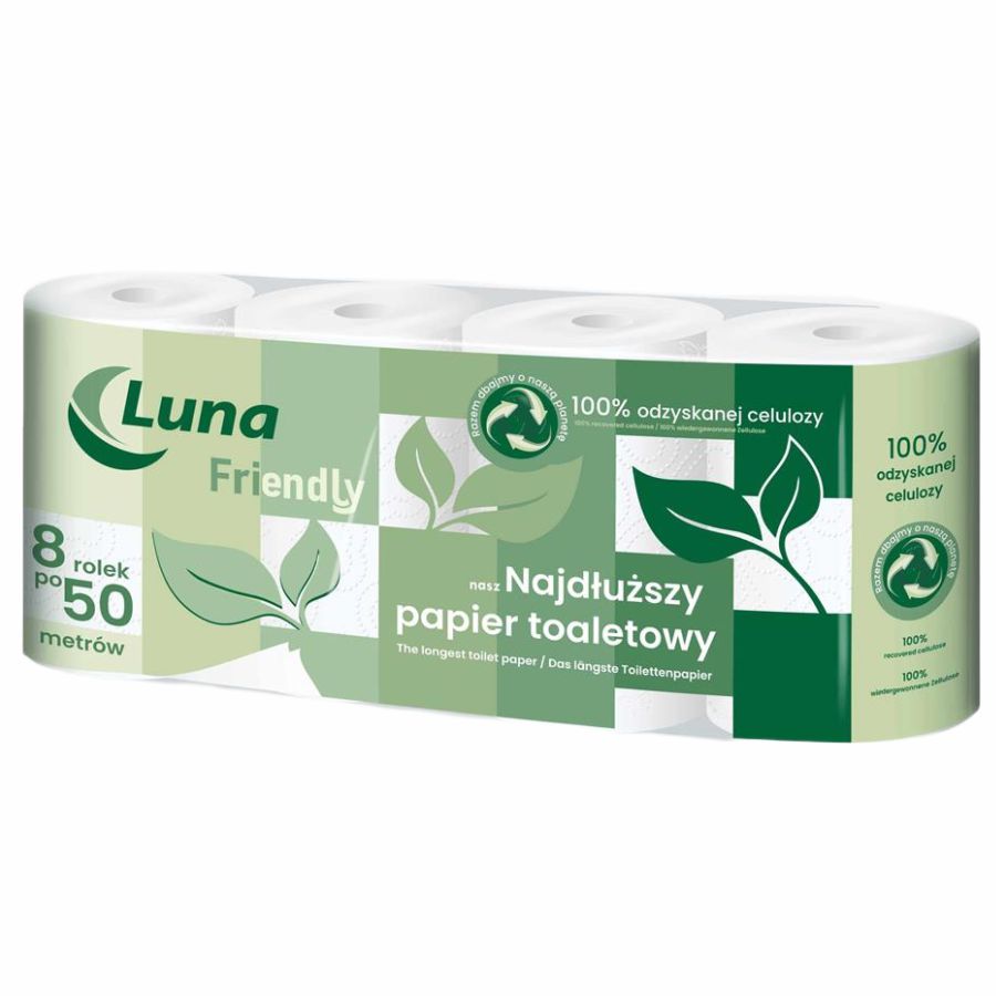 Papier toaletowy Luna Friendly 8 rolek z recyklingu celulozowy 2 warstwy 50 m na rolce