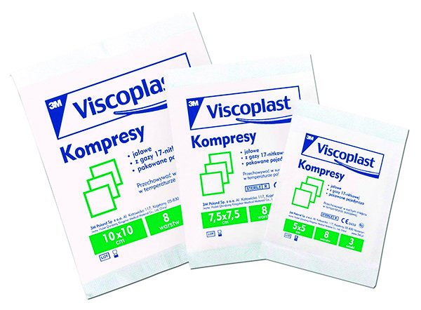 Jałowe kompresy gazowe Viscoplast, bawełniane, 17-nitkowe, 8 warstw 5x5cm, 3 sztuki