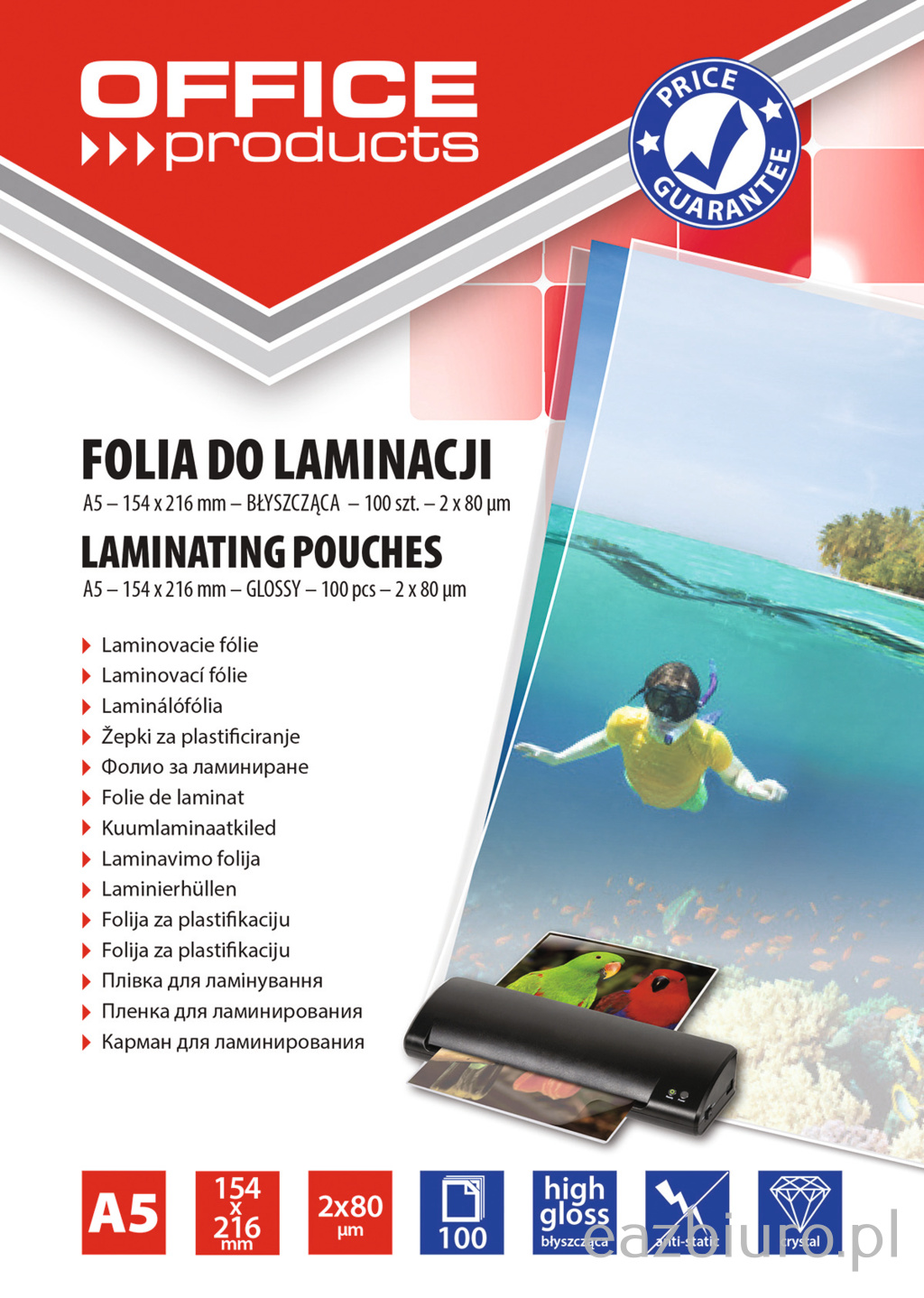 Folia do laminowania Office Products, A5, 2x80 mic, błyszcząca, zestaw 100 sztuk, | eazbiuro.pl | Zamów z gwarancją!