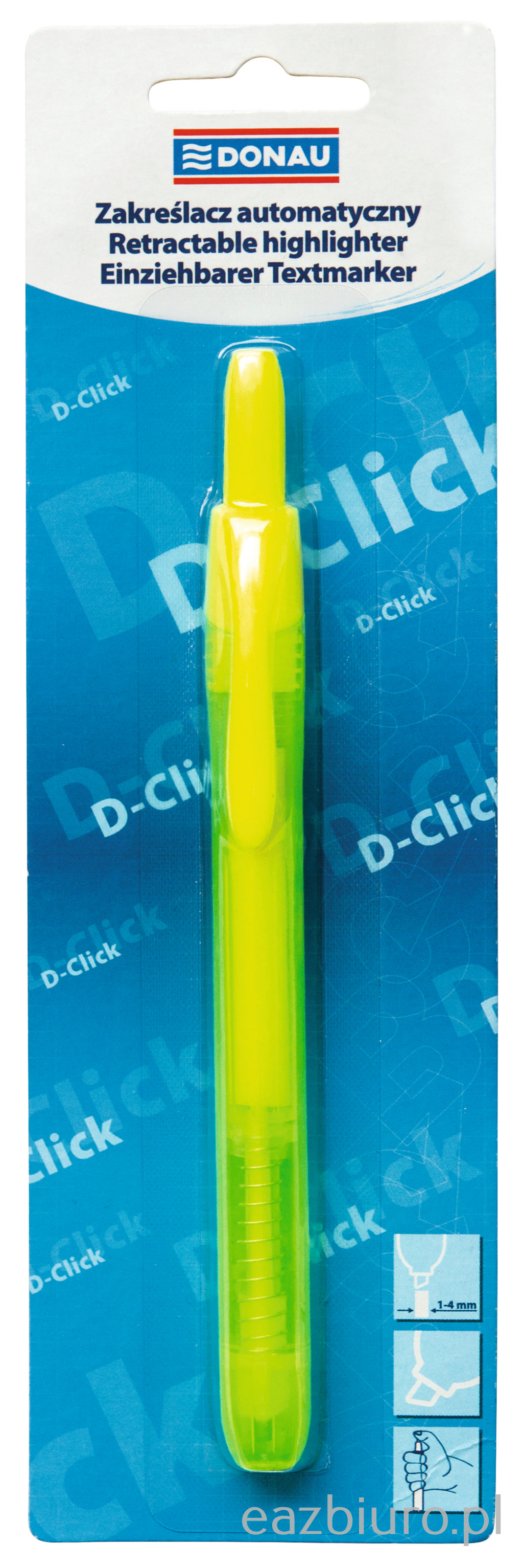 Zakreślacz automatyczny Donau d-click, 1-4 mm (linia), blister, żółty | eazbiuro.pl | Kup w sekundę!