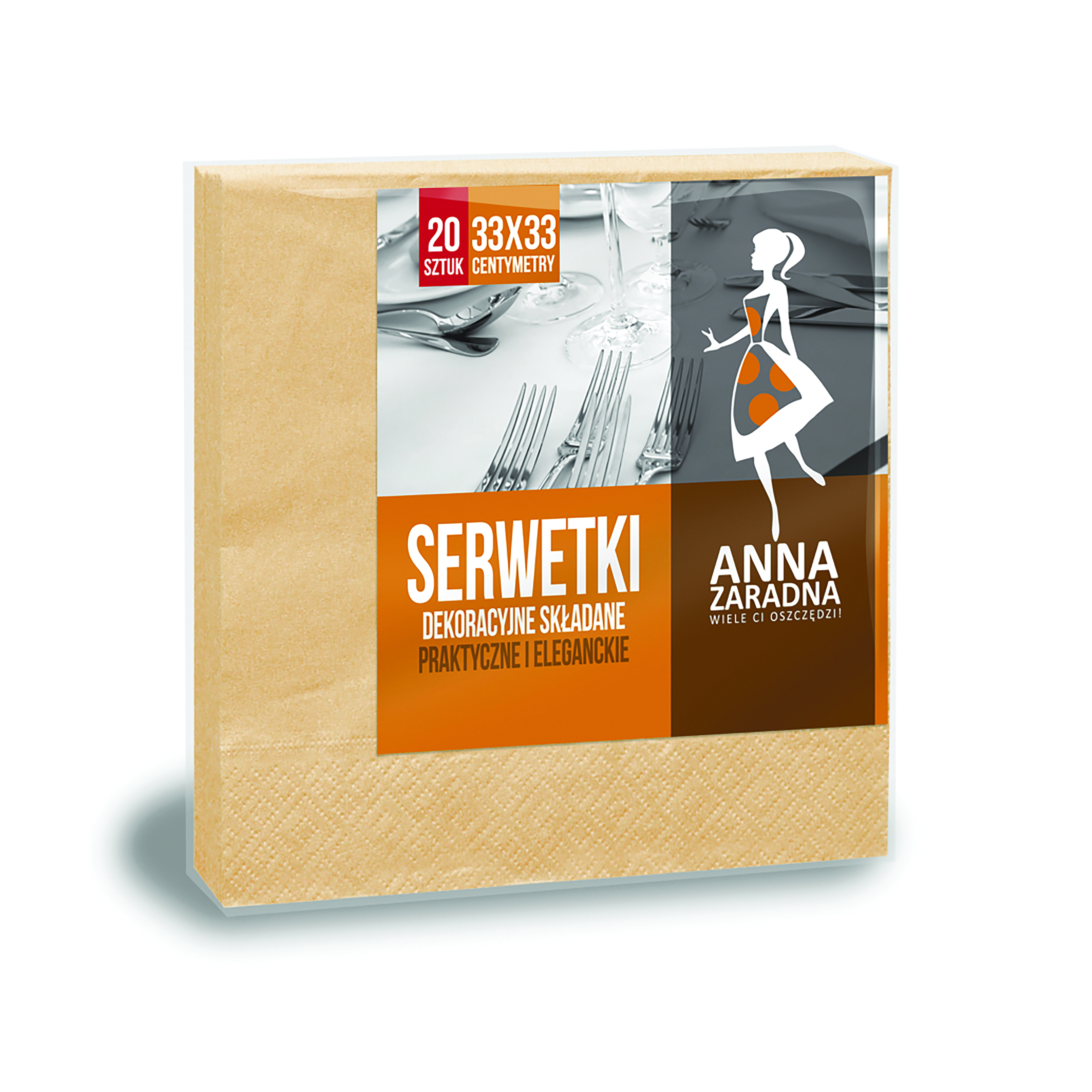 Serwetki Anna Zaradna, trójwarstwowe, składane, 33x33cm, 20 szt., łososiowe pastelowe, łososiowy