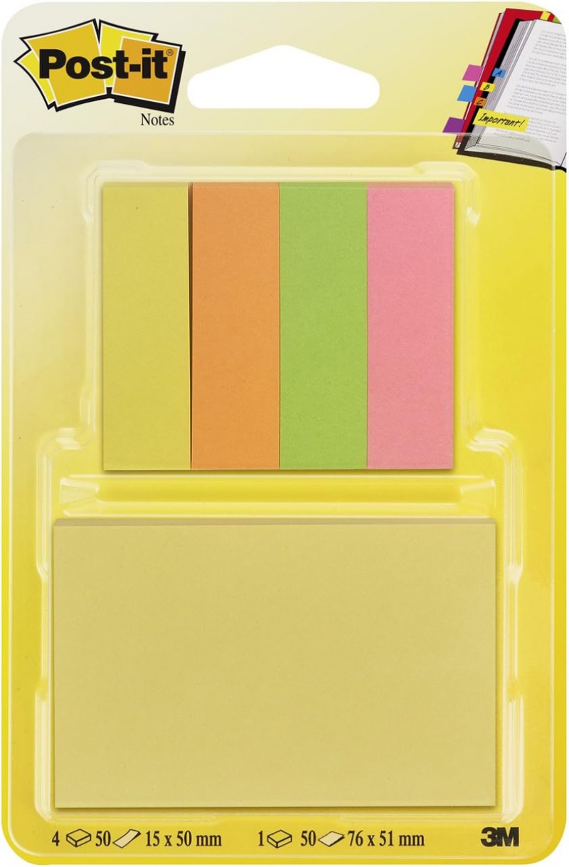 Karteczki samoprzylepne POST-IT®, 76x51mm, 50 karteczek + 4x50 zakładek indeksujących, zawieszka, mix kolorów
