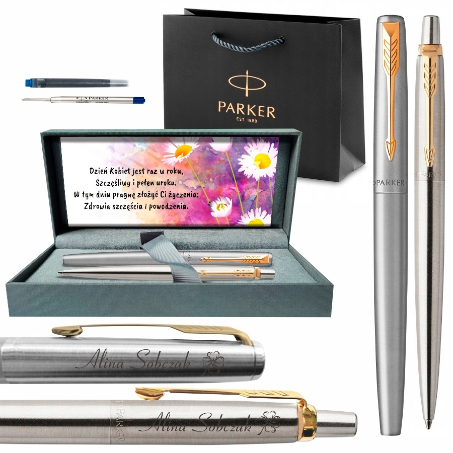 Zestaw prezentowy Parker Jotter Stainless Steel GT Premium pióro wieczne + długopis z grawerem na Dzień Kobiet