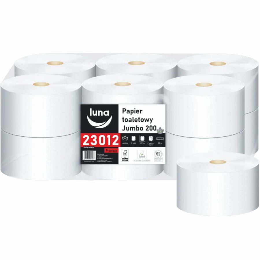 Papier toaletowy Luna Jumbo 2-warstwowy 200m biały 12 rolek