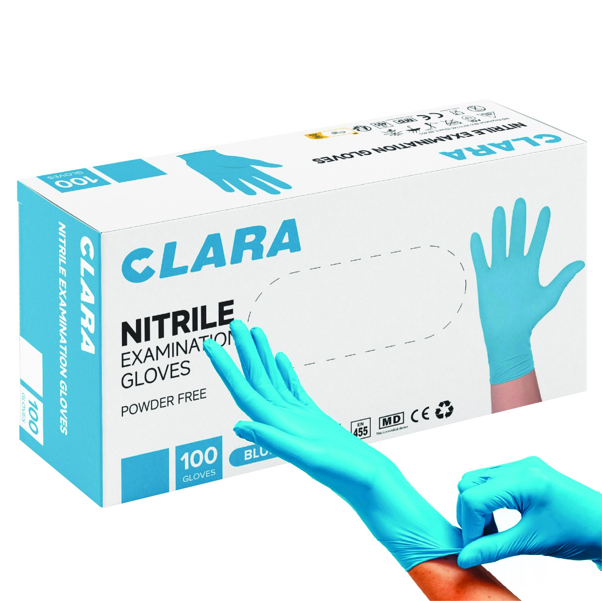 Rękawice nitrylowe bezpudrowe CLARA, 100 szt., rozmiar L, niebieskie